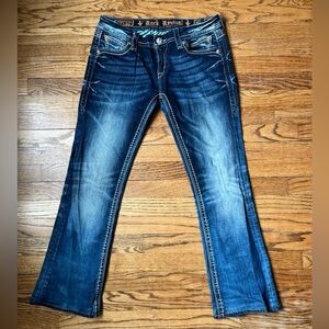 Rock Revival Leah Boot Womens Jeans Denim Blue Size 30 Y2K Low Rise Fleur de Lis